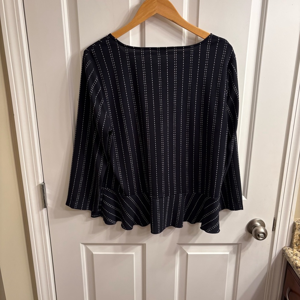 Ann Taylor Navy Blue Striped Mixed Media Peplum Blouse Large
